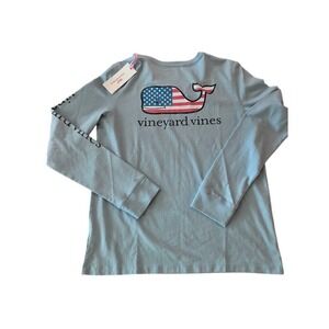 Vineyard Vines Girls Jake Blue American Flag Whale Long Sleeve Pocket Tee L 16